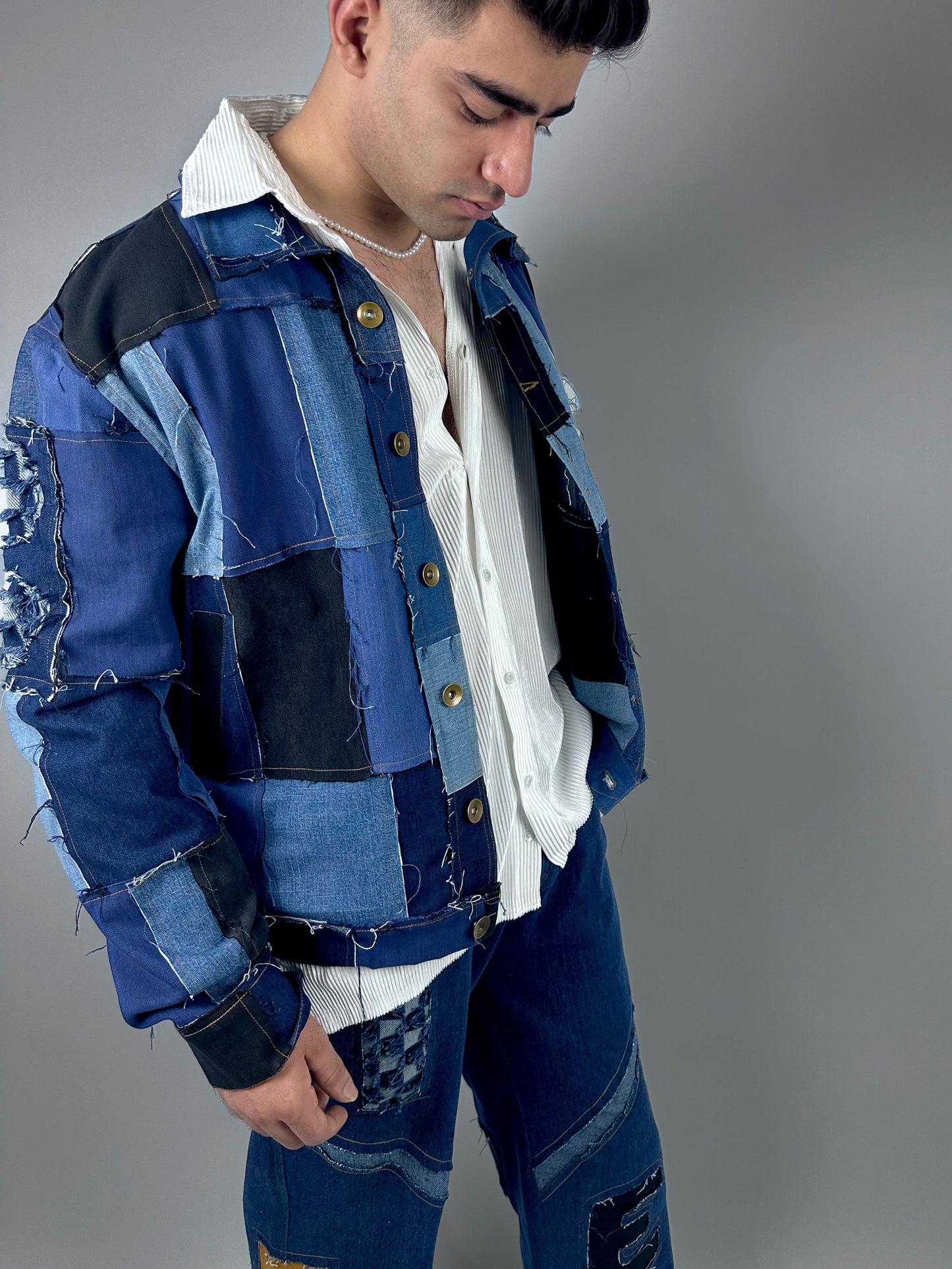 Eyolf Patchwork Frayed Denim Jacket- Unisex