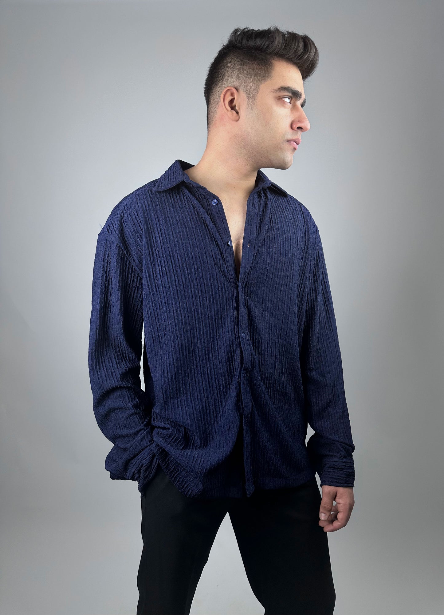 Eyolf Knit Texture Shirt - Navy Blue