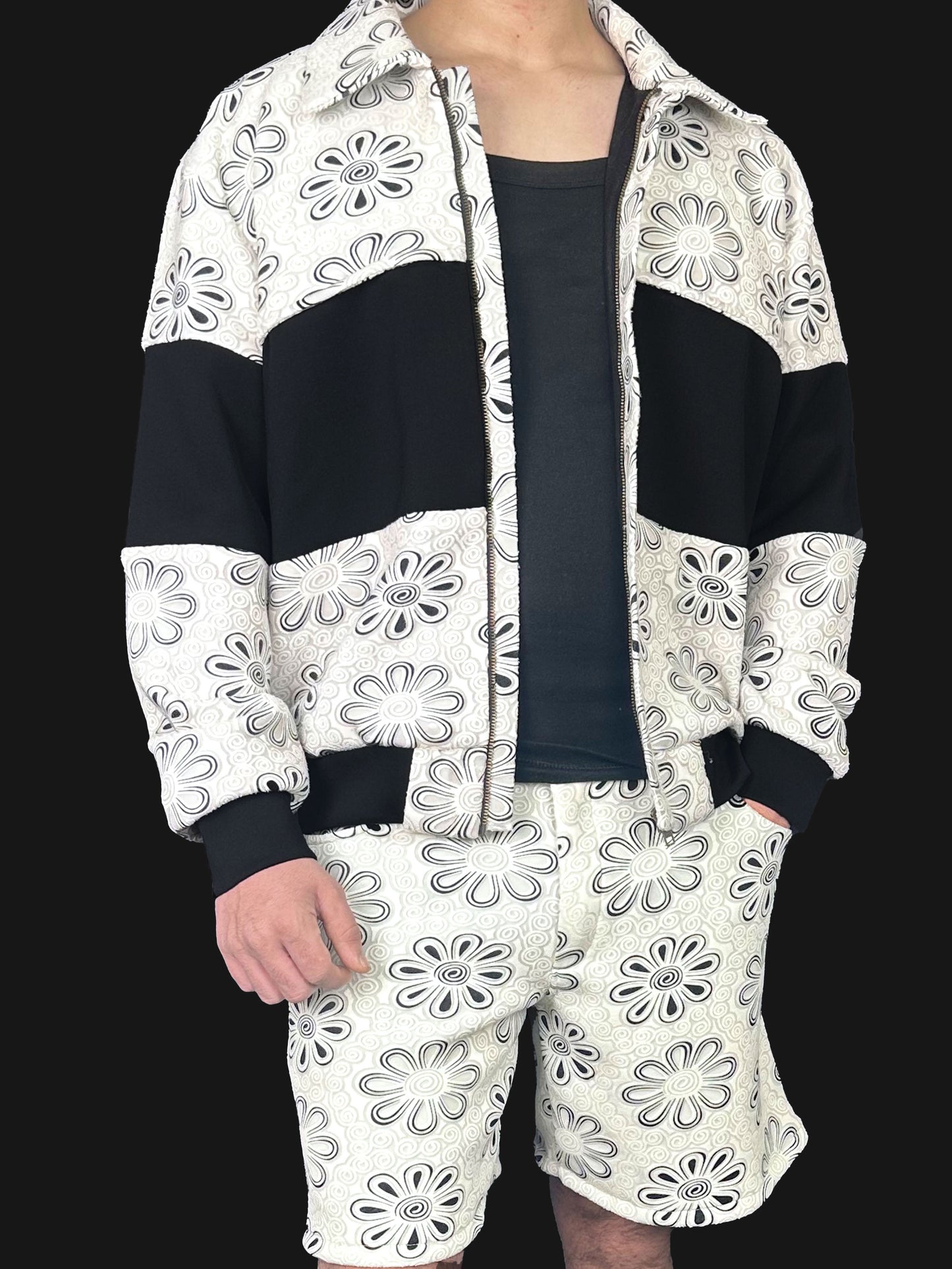 Neoprene Embossed Flower Jacket- White-Black