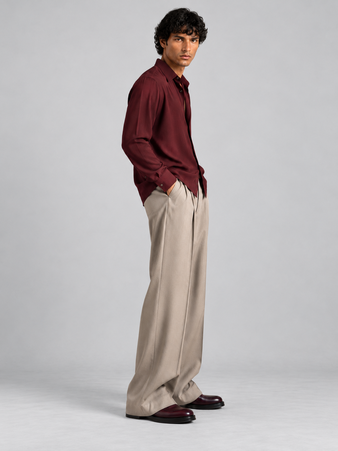 Men Drape Shirt in Wine
