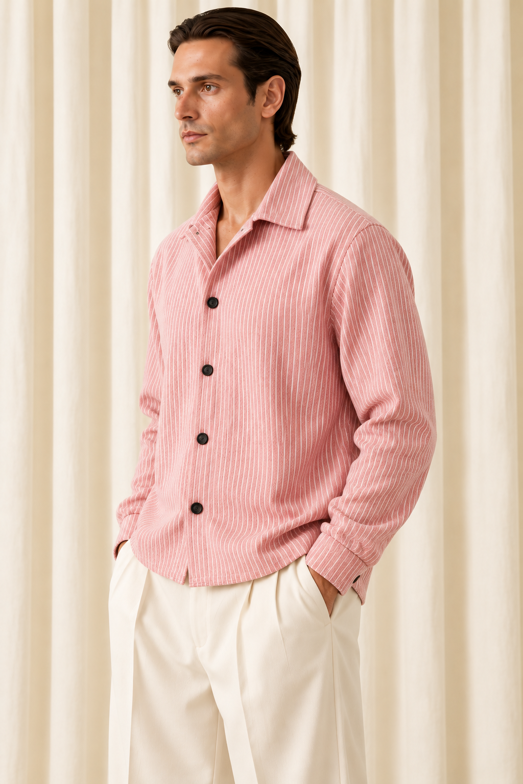 Stripe Denim Overshirt-Light Pink