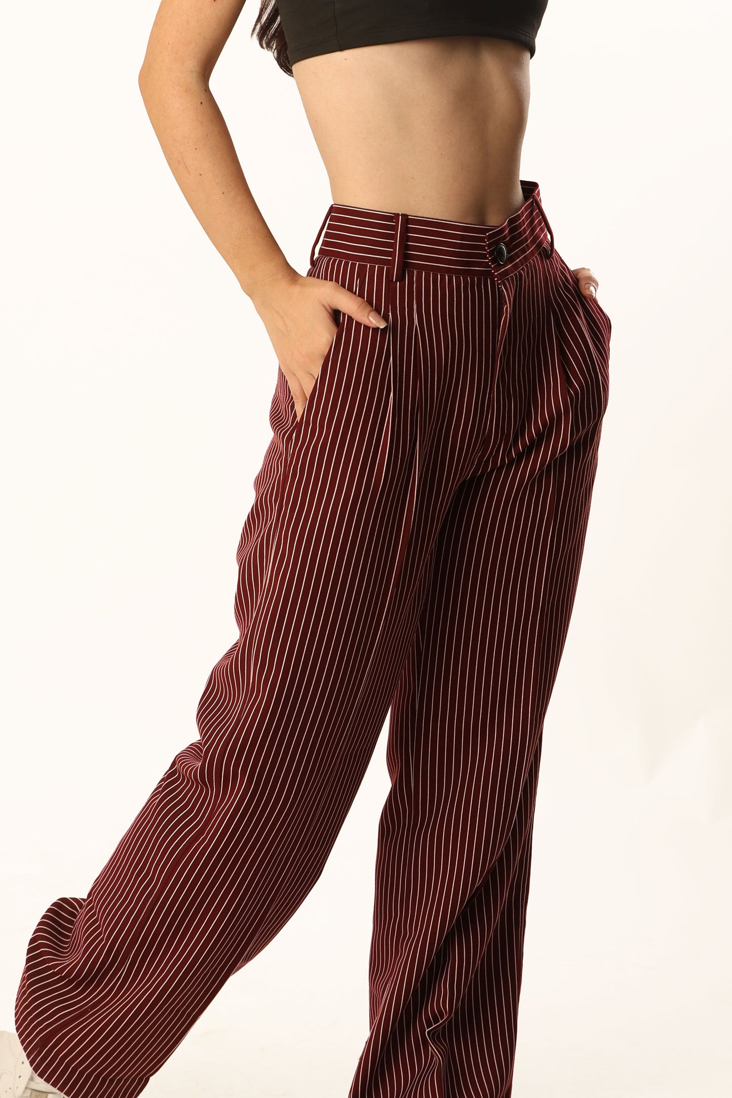 Striped Straight Fit Pleated Trouser- Red-White