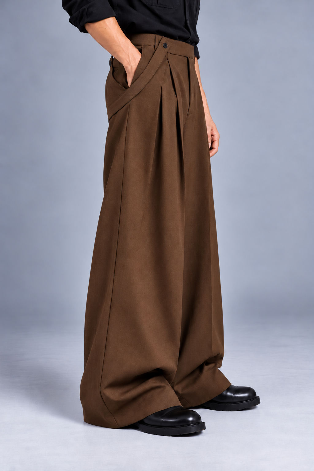 Men Straight Wide Leg Trouser with Removable Strap-Mocha