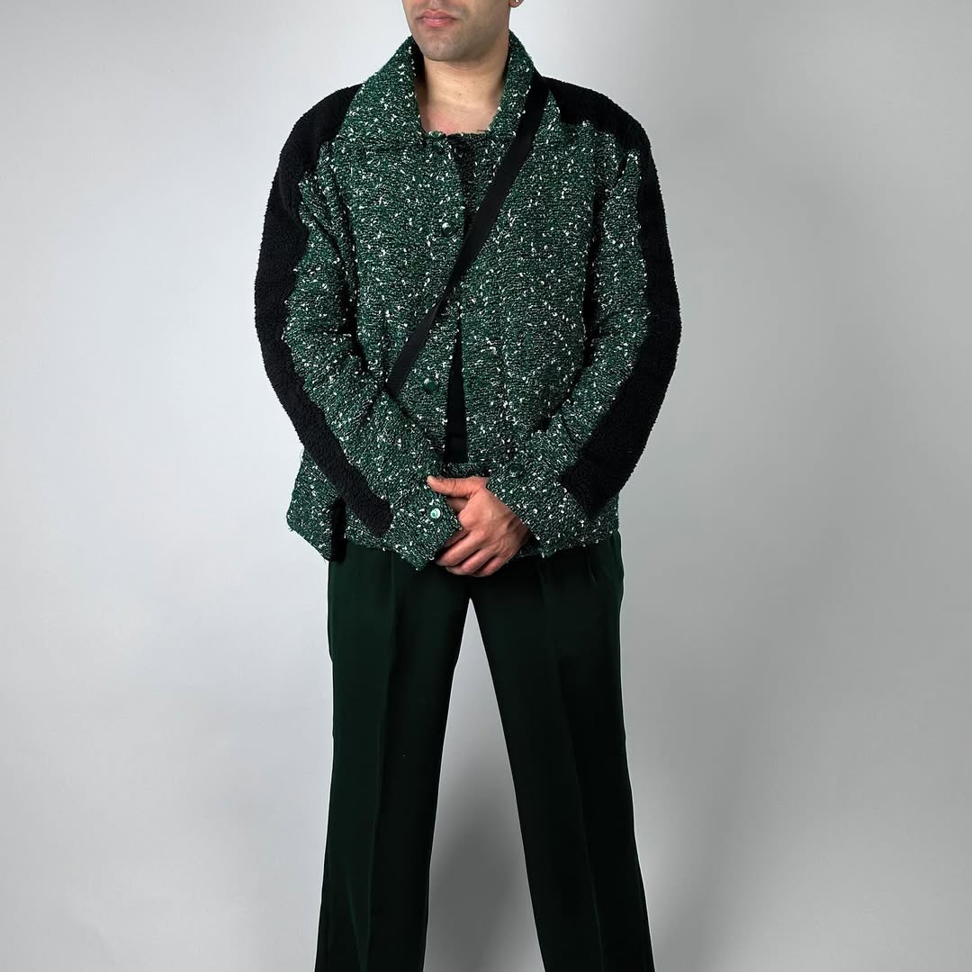 Men Green Tweed Jacket with Sherpa Fleece