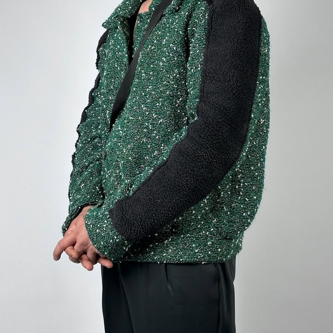 Men Green Tweed Jacket with Sherpa Fleece