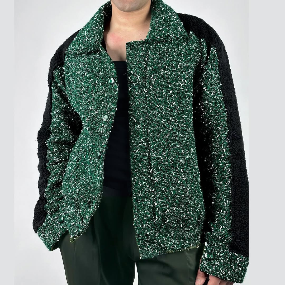 Men Green Tweed Jacket with Sherpa Fleece