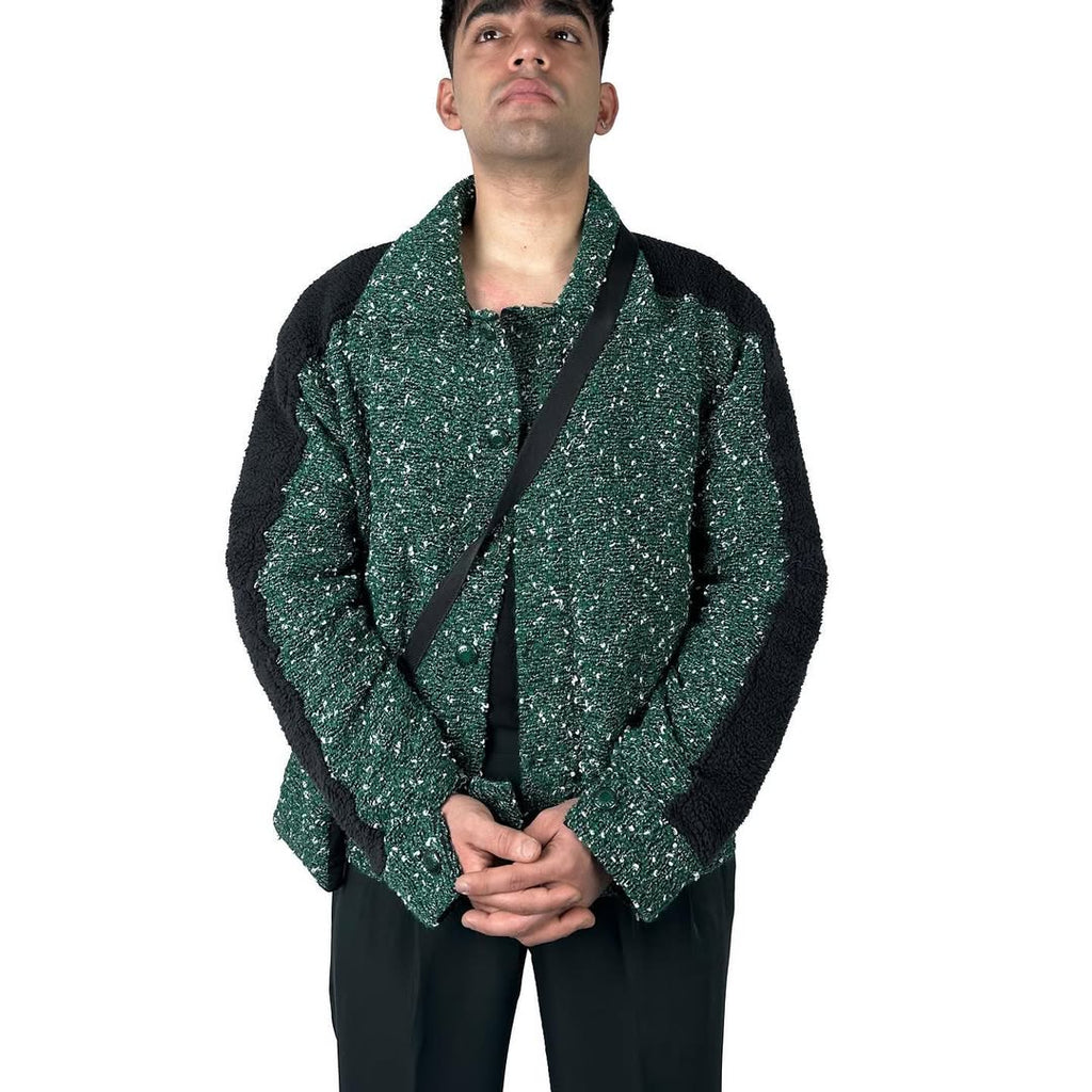 Men Green Tweed Jacket with Sherpa Fleece