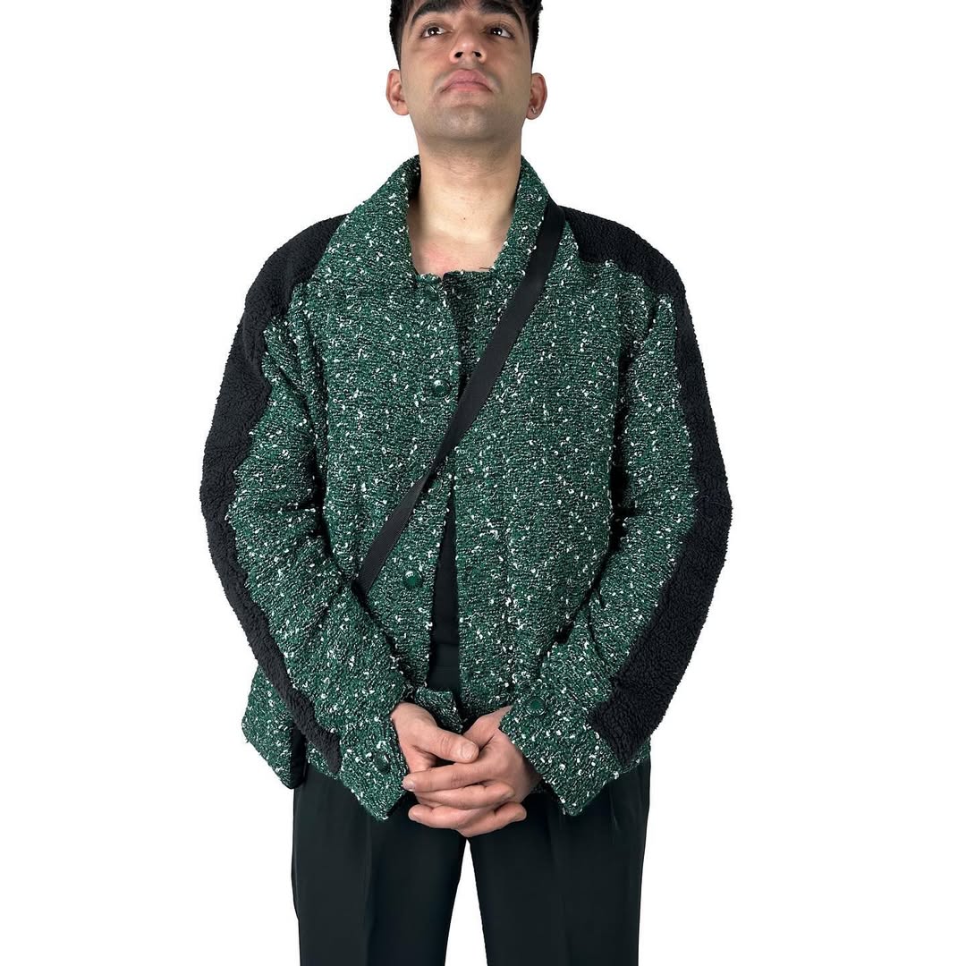 Men Green Tweed Jacket with Sherpa Fleece