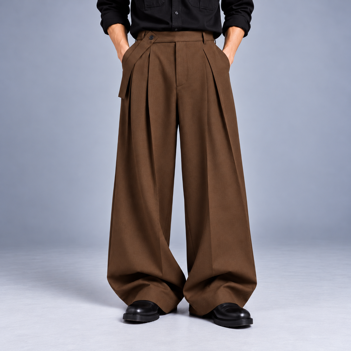 Men Straight Wide Leg Trouser with Removable Strap-Mocha