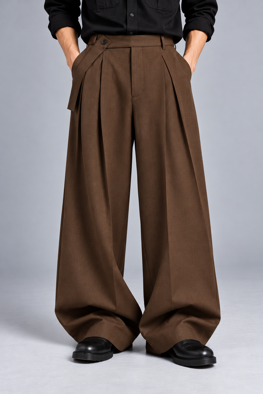 Men Straight Wide Leg Trouser with Removable Strap-Mocha