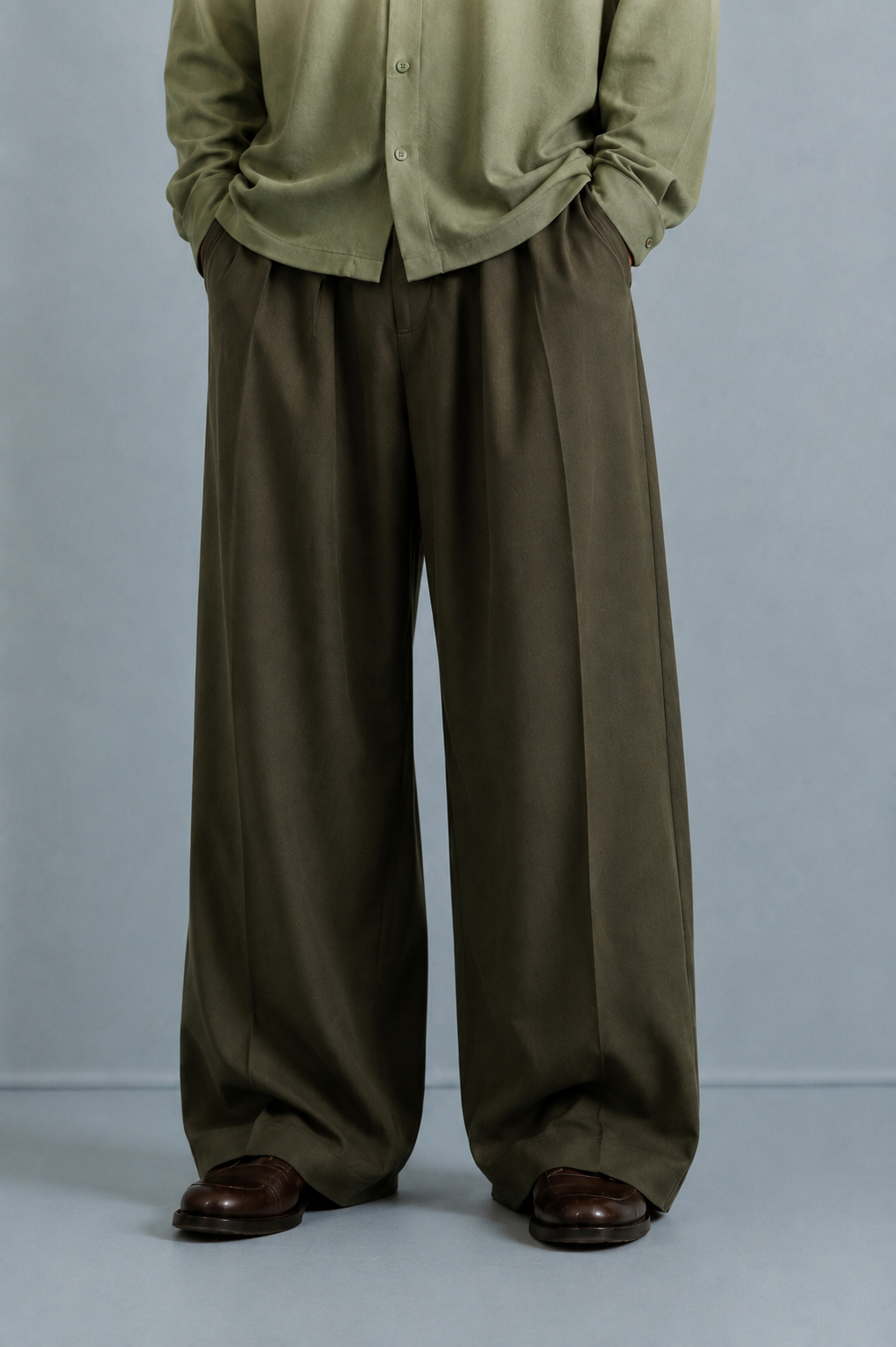 Terry Rayon Baggy Pleated Trousers-Olive Green