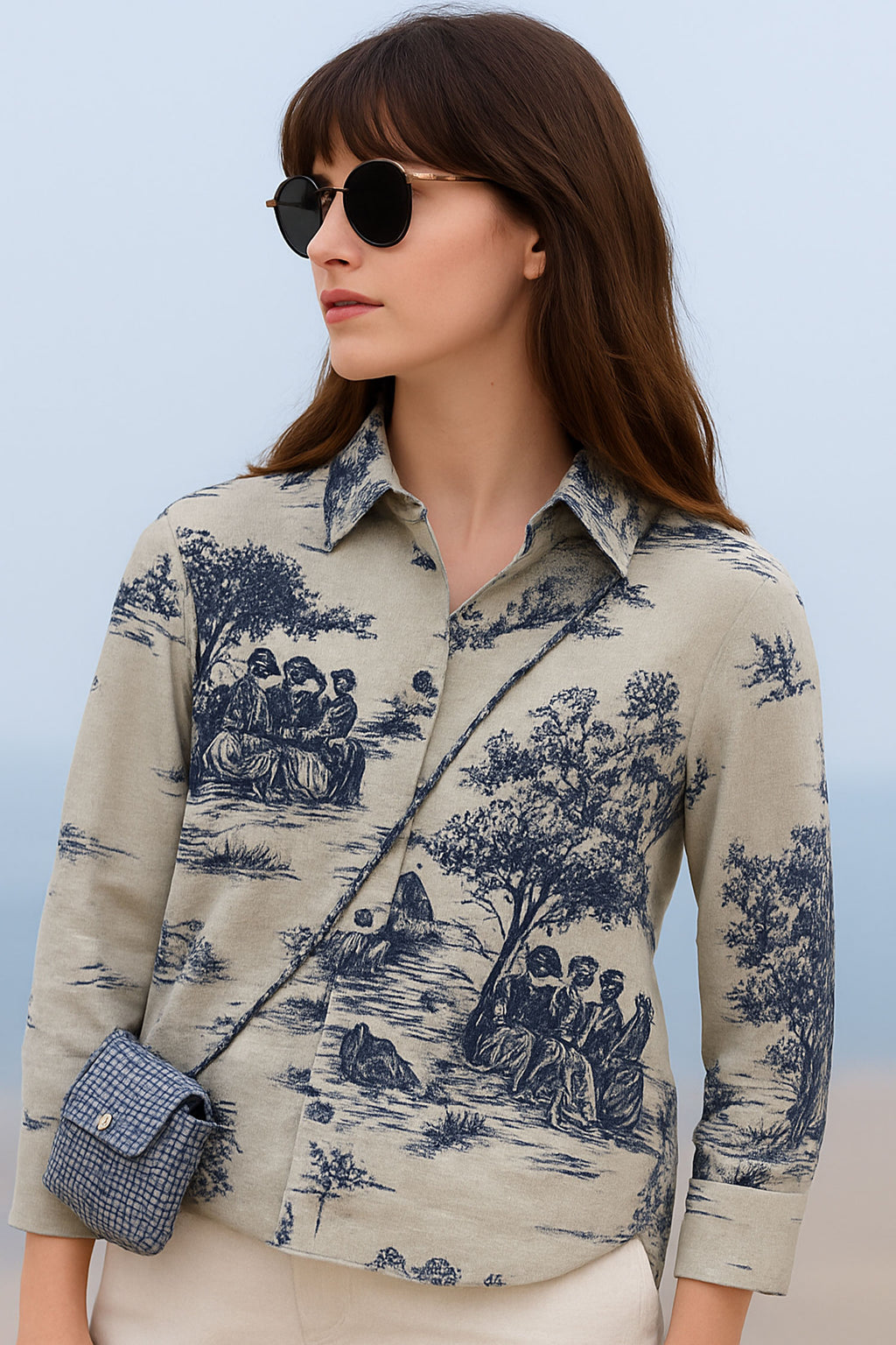 Retro Printed Cotton Flax Shirt, Beige-Blue