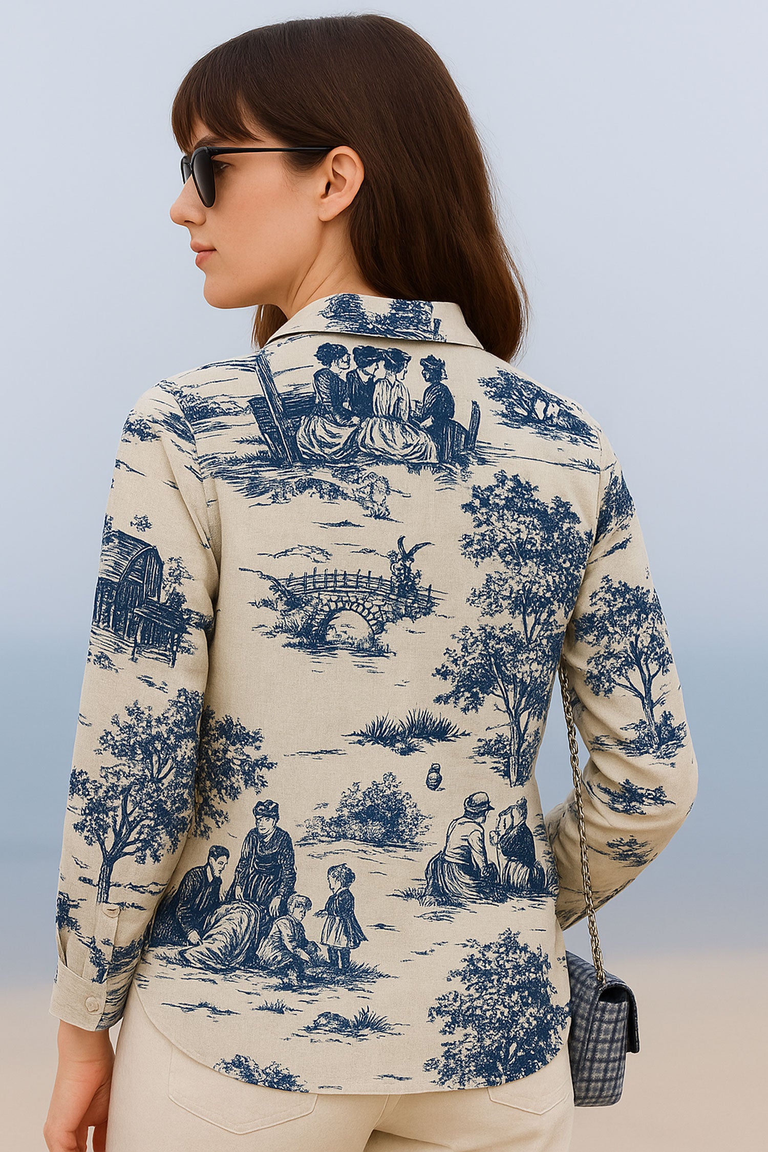 Retro Printed Cotton Flax Shirt, Beige-Blue