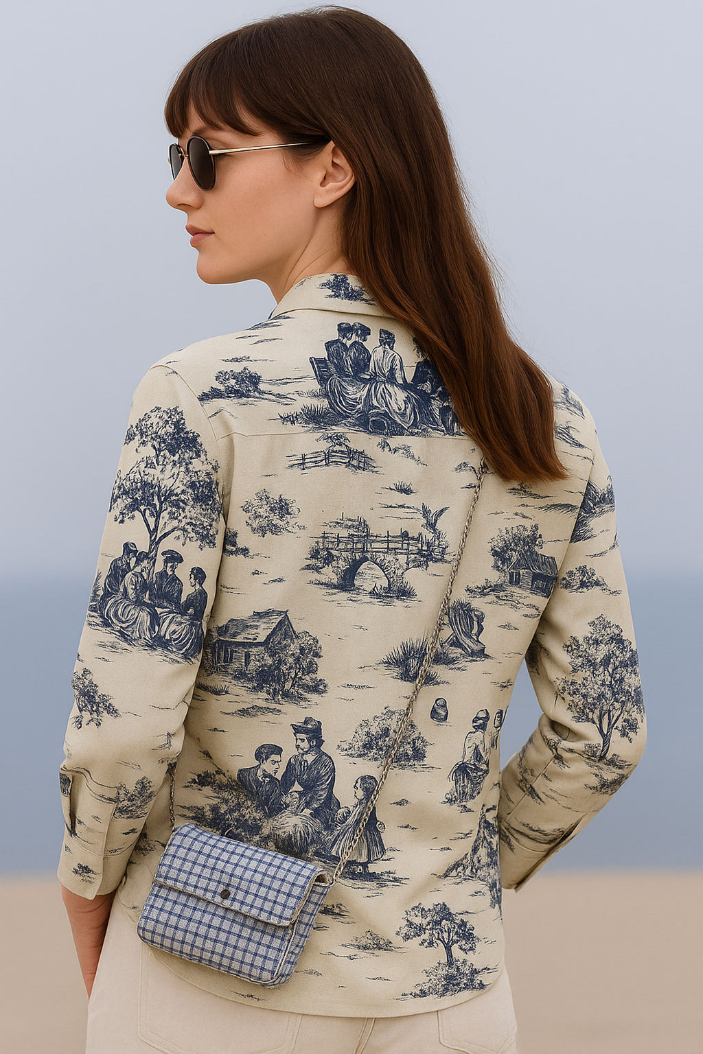 Retro Printed Cotton Flax Shirt, Beige-Blue