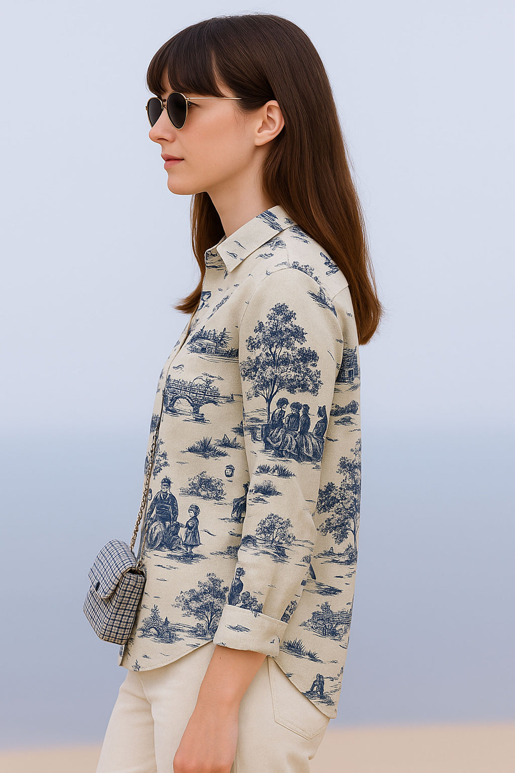 Retro Printed Cotton Flax Shirt, Beige-Blue