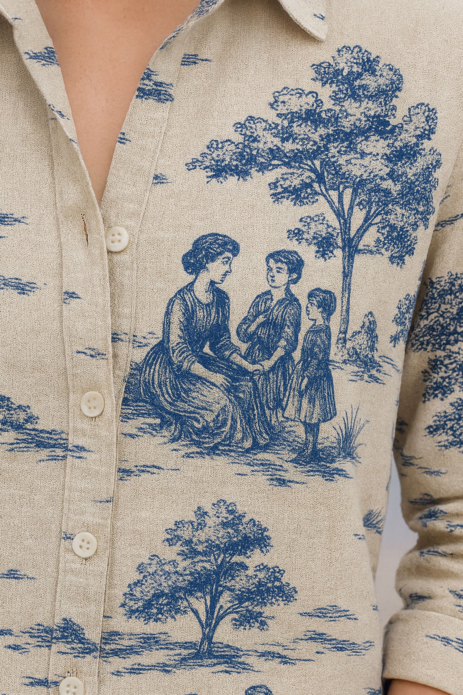 Retro Printed Cotton Flax Shirt, Beige-Blue