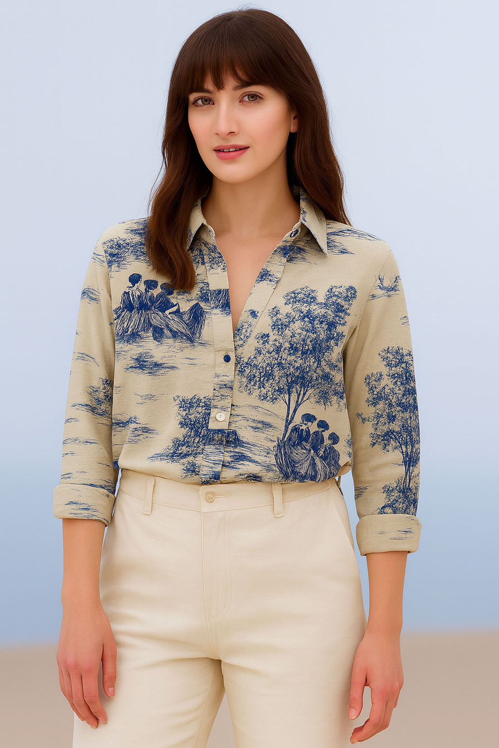 Retro Printed Cotton Flax Shirt, Beige-Blue