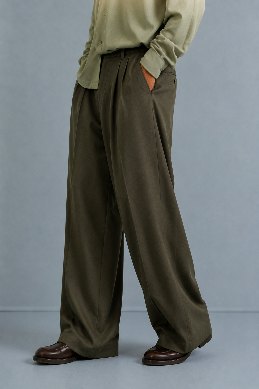 Terry Rayon Baggy Pleated Trousers-Olive Green