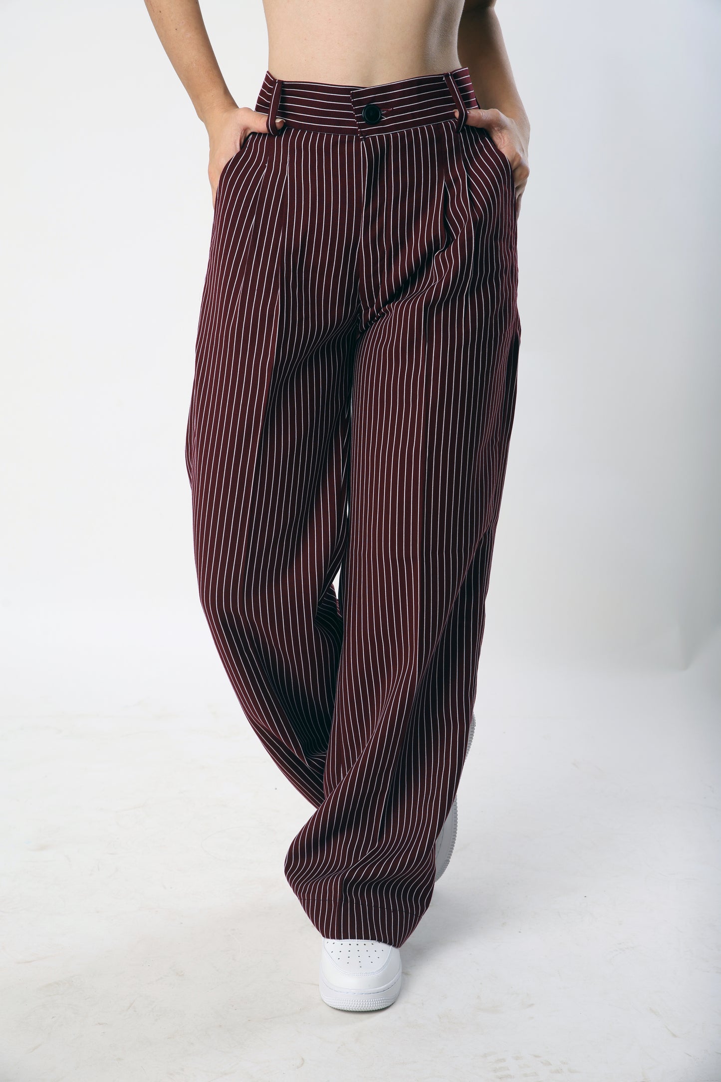 Striped Straight Fit Pleated Trouser- Red-White