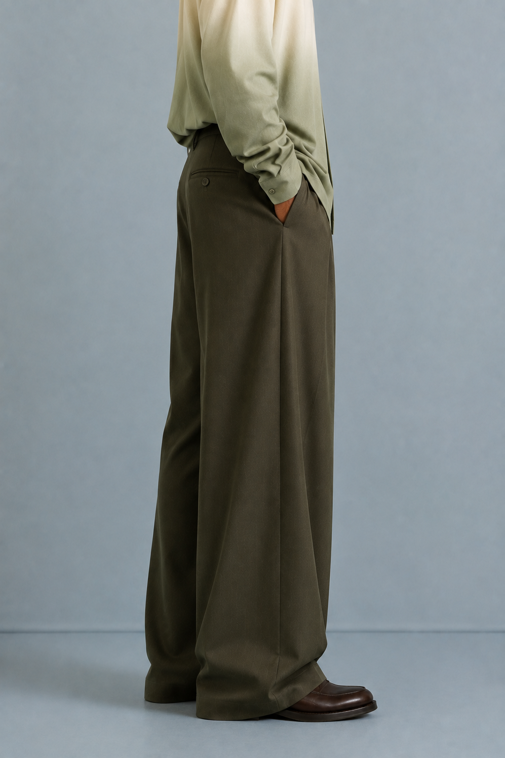 Terry Rayon Baggy Pleated Trousers-Olive Green