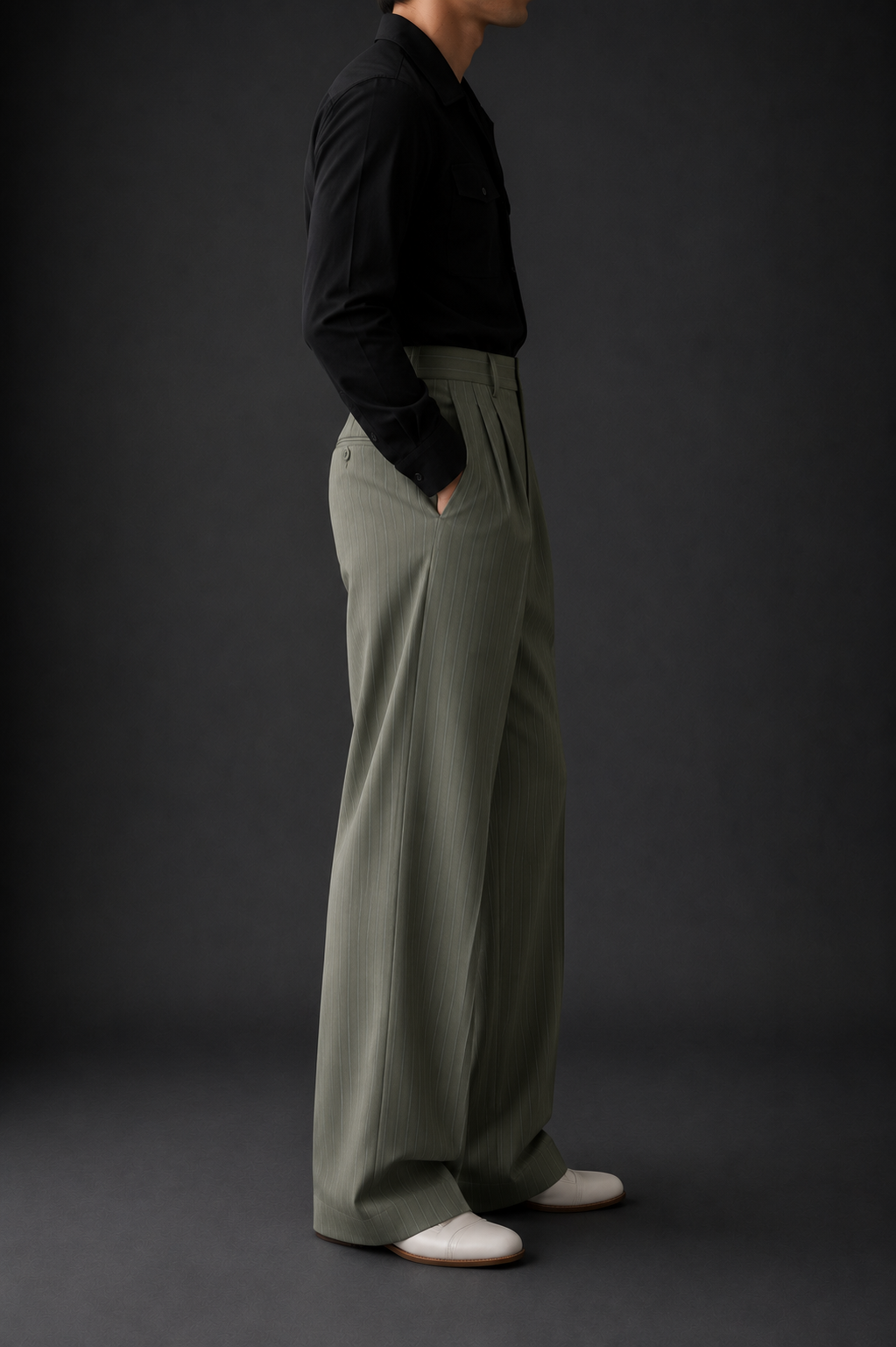 High-Waist Stripe Pleated Wide Leg Pants – Sage Green
