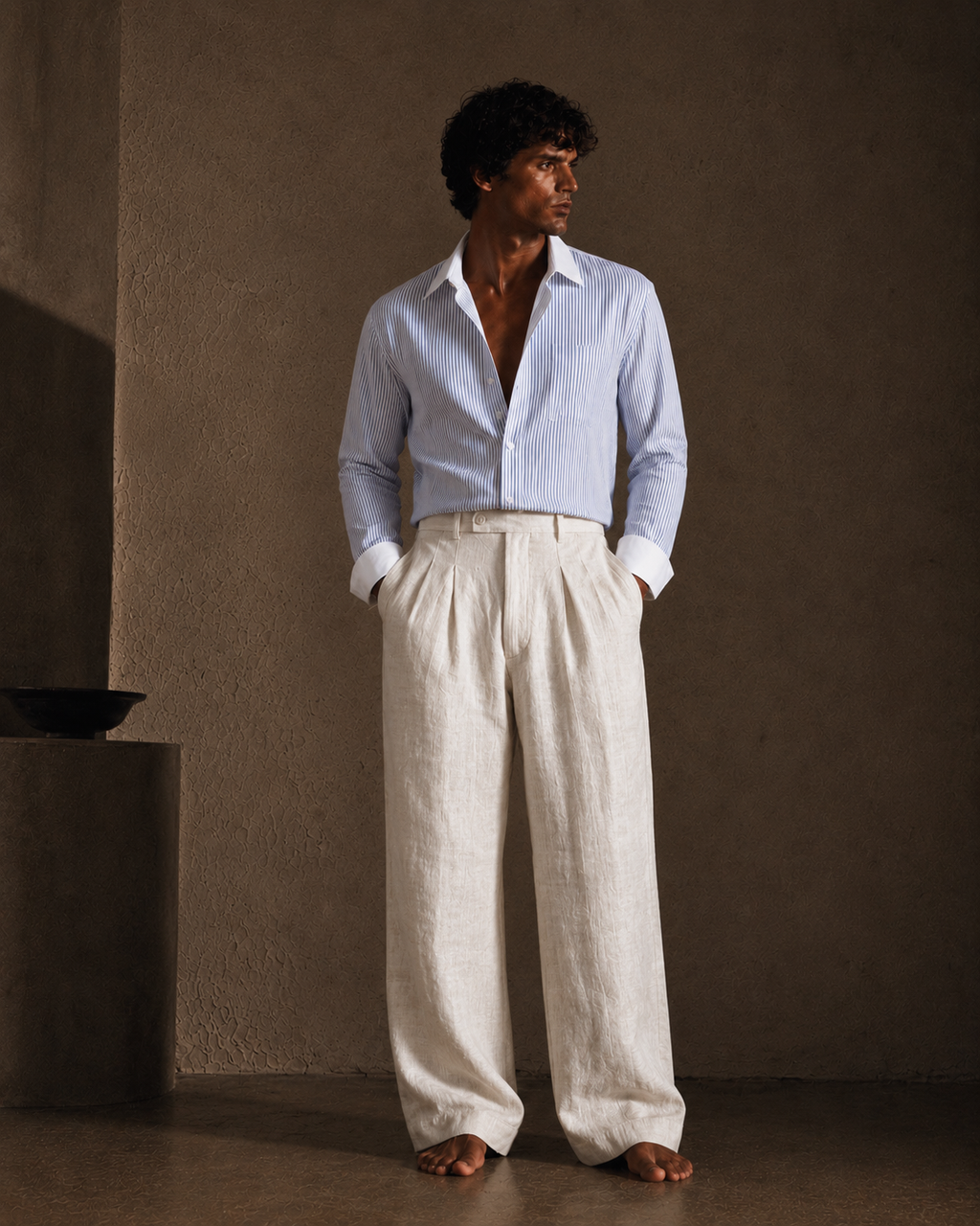 Men Linen Regular Pleated Trouser-Black