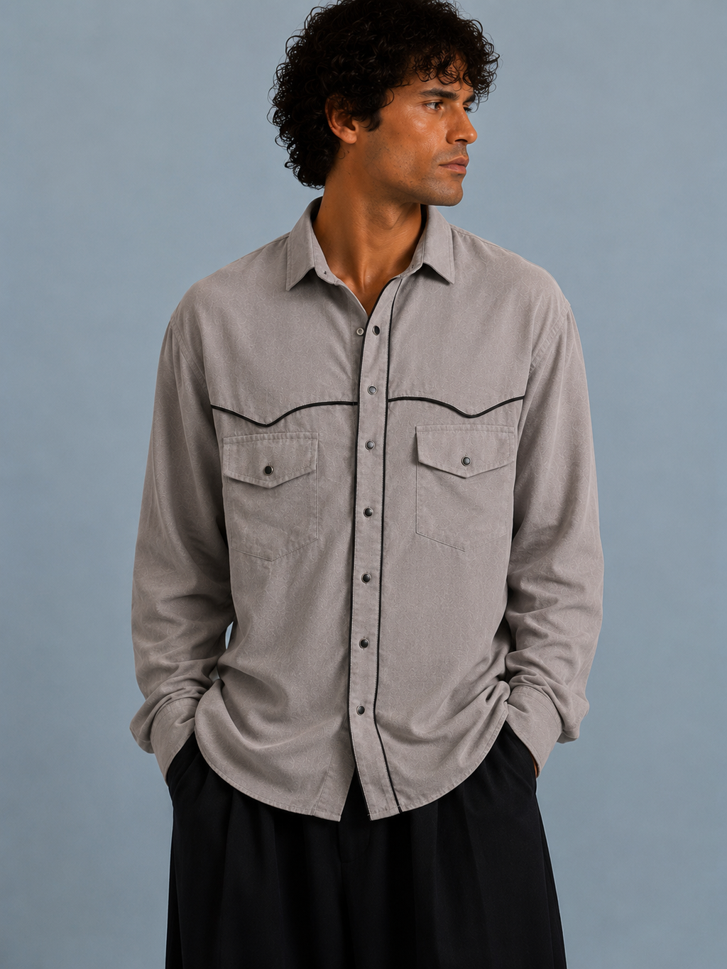 Men Suede Evening Shirt with Piping Detail- Light Grey