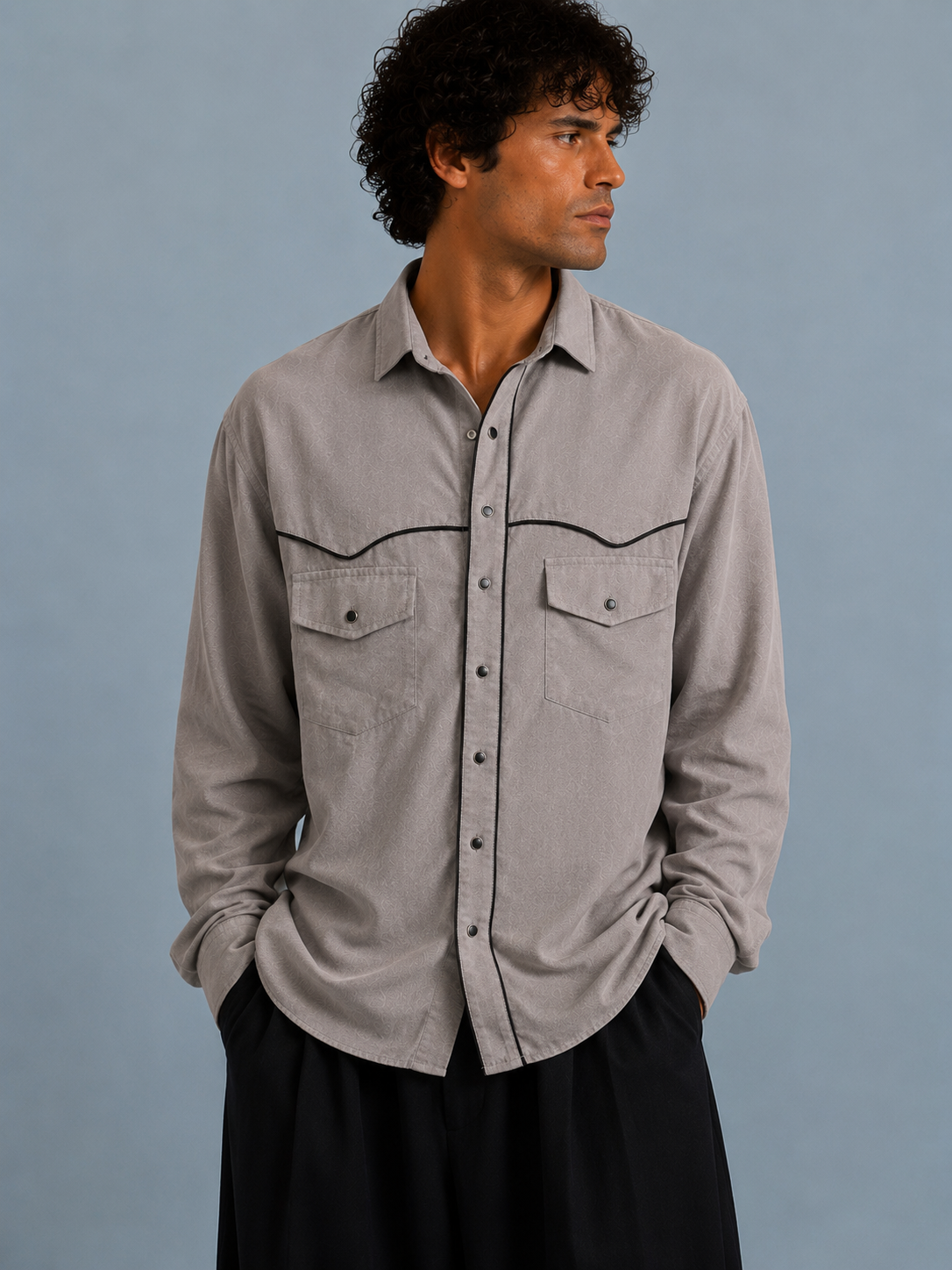 Men Suede Evening Shirt with Piping Detail- Light Grey