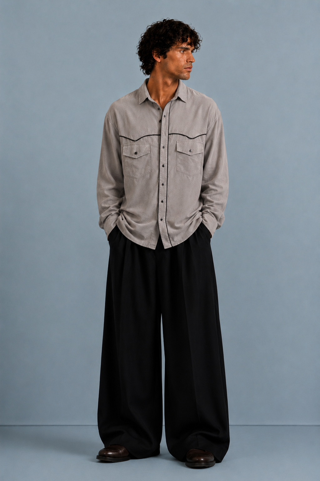 Men Suede Evening Shirt with Piping Detail- Light Grey