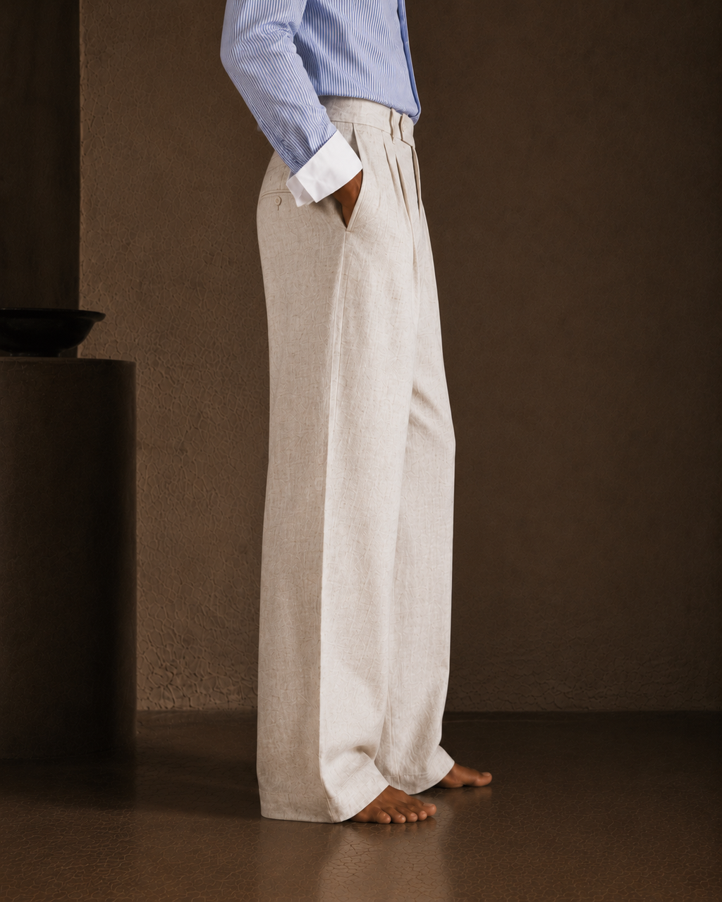 Men Linen Regular Pleated Trouser-Black