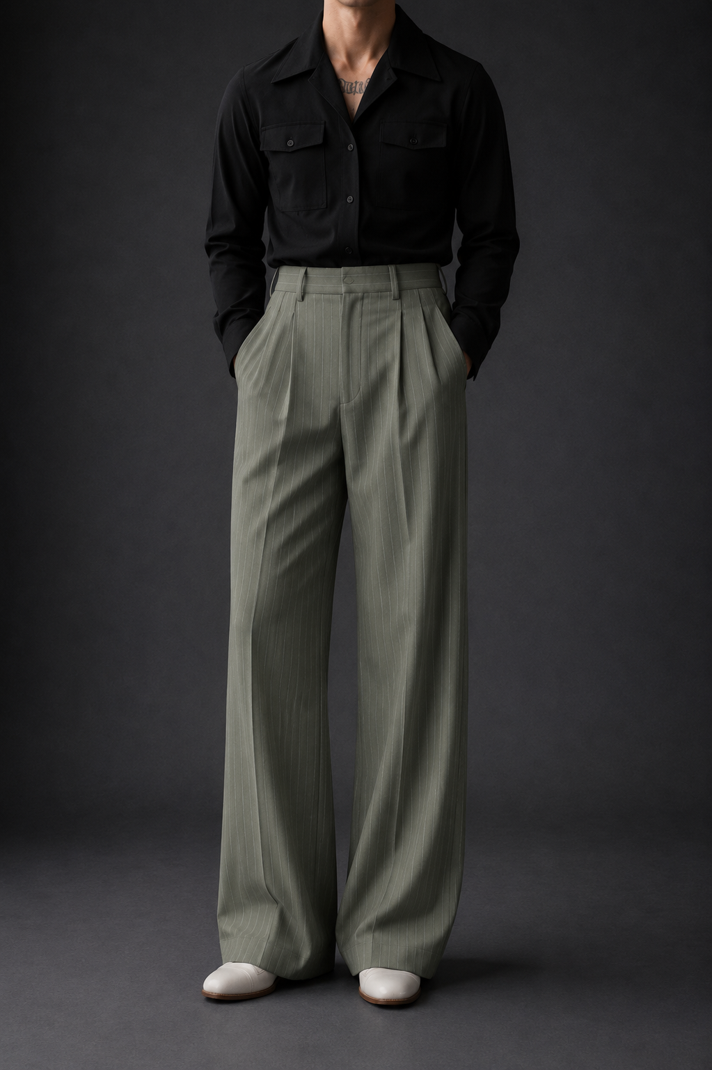 High-Waist Stripe Pleated Wide Leg Pants – Sage Green