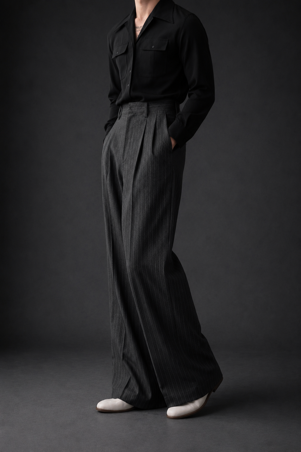 High-Waist Stripe Pleated Wide Leg Pants – Dark Grey
