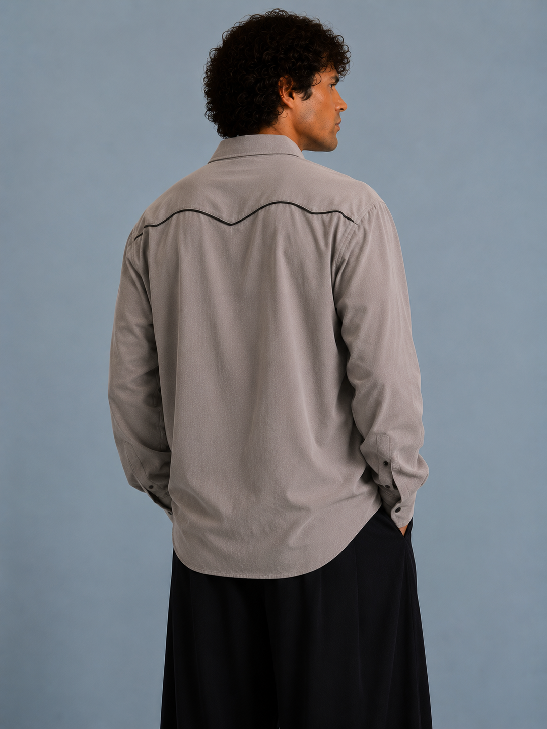 Men Suede Evening Shirt with Piping Detail- Light Grey