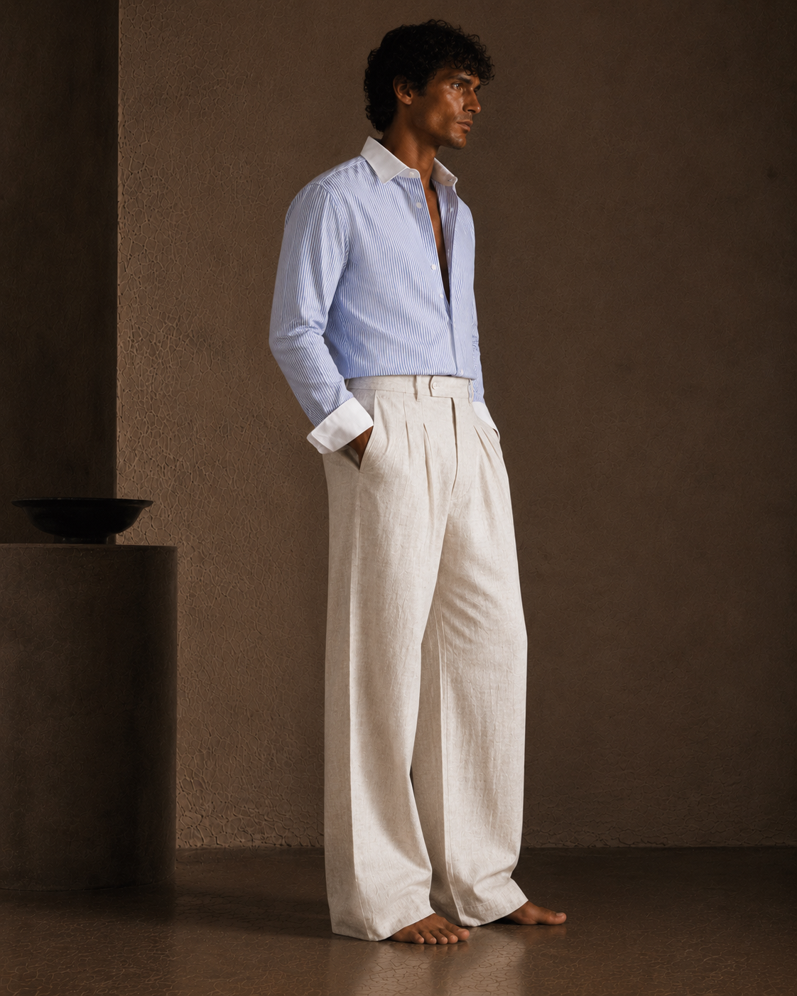 Men Linen Regular Pleated Trouser-Black