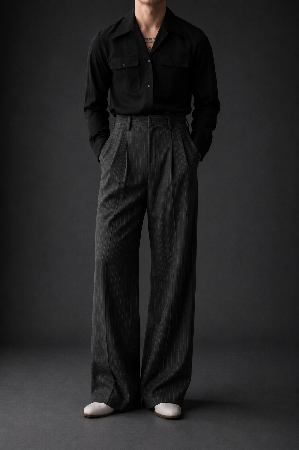 High-Waist Stripe Pleated Wide Leg Pants – Dark Grey