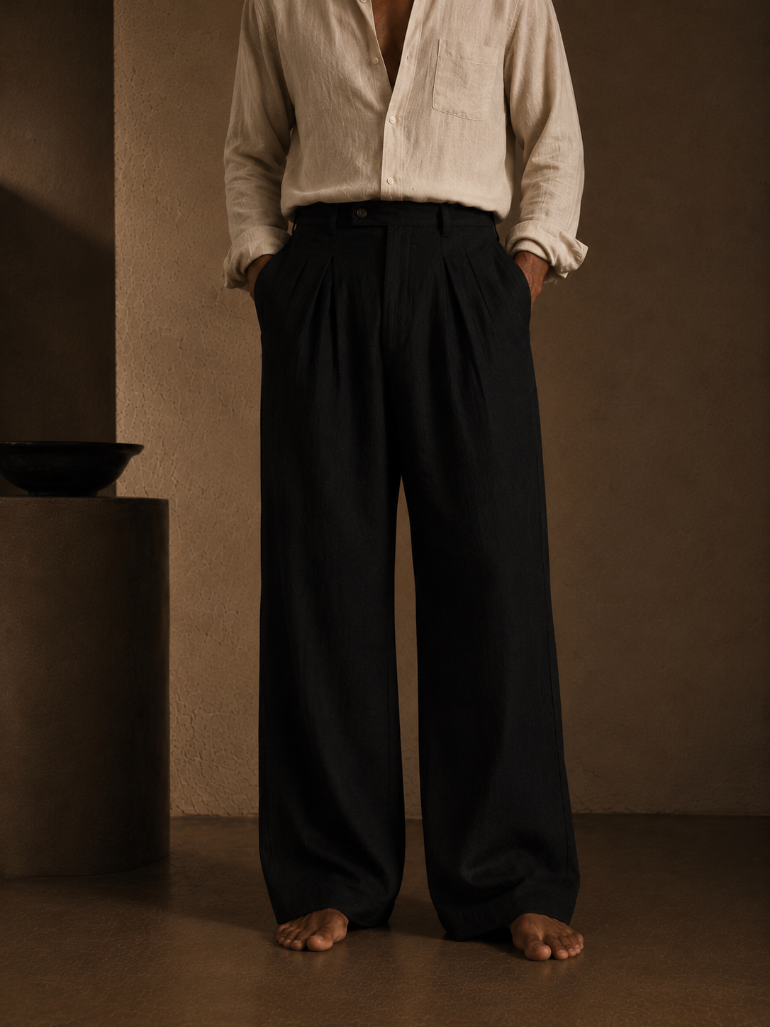 Men Linen Regular Pleated Trouser-Black