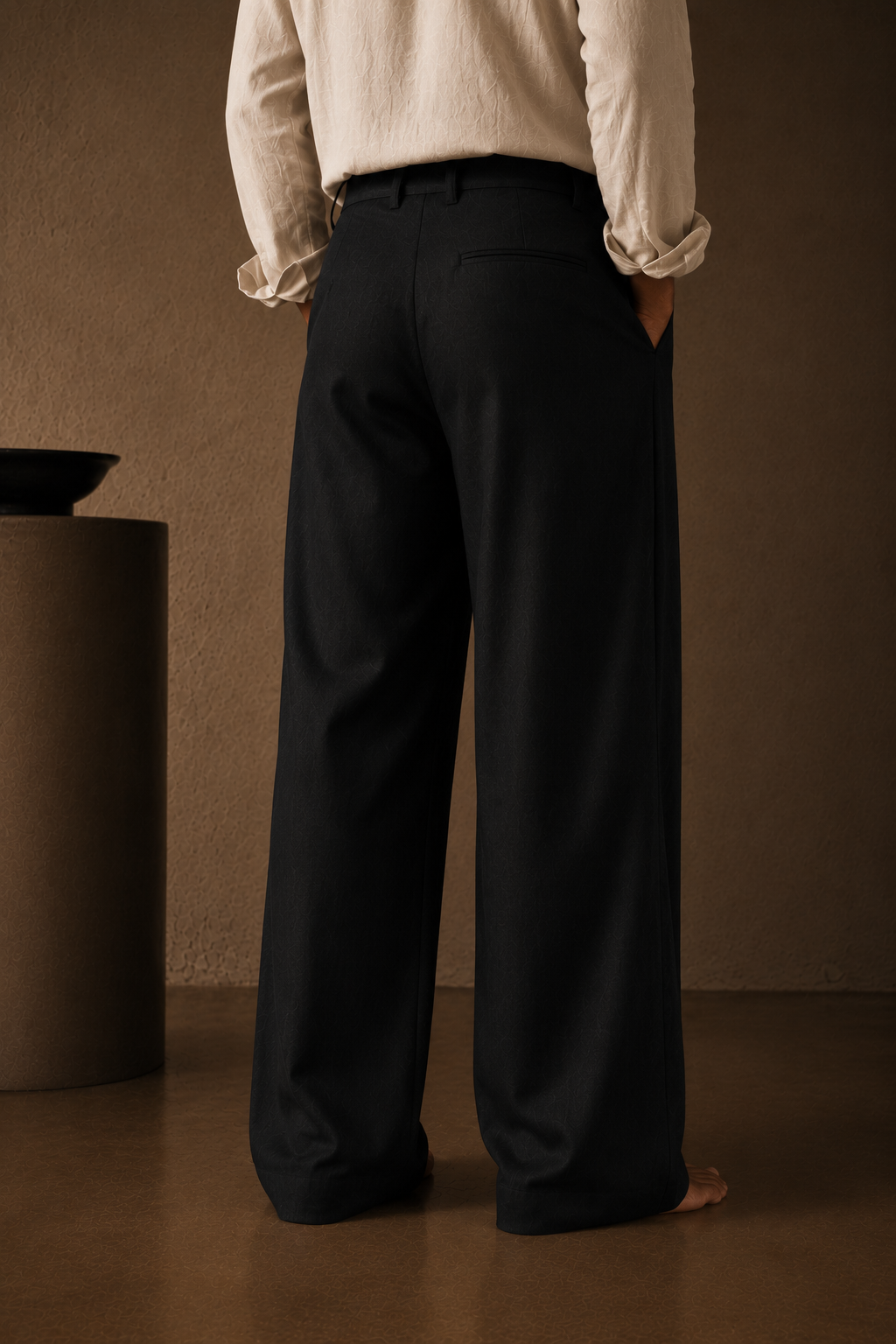 Men Linen Regular Pleated Trouser-Black