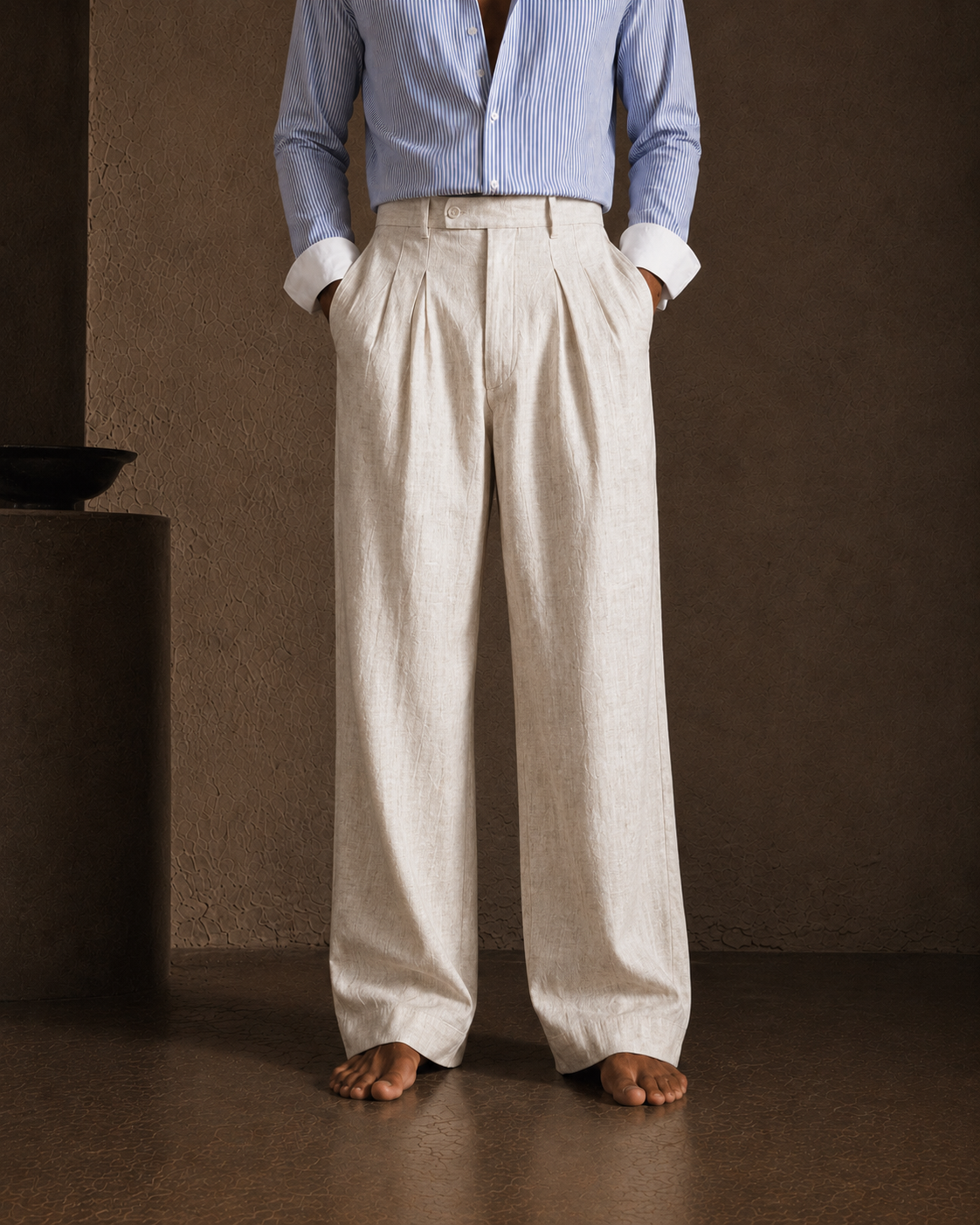 Men Linen Regular Pleated Trouser-Black