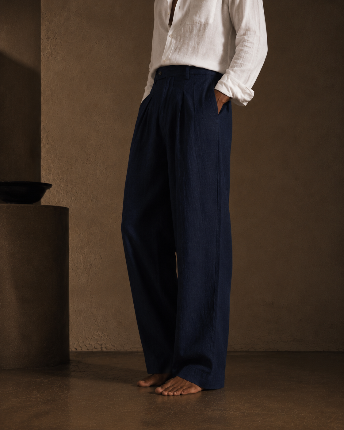 Men Linen Regular Pleated Trouser-Black
