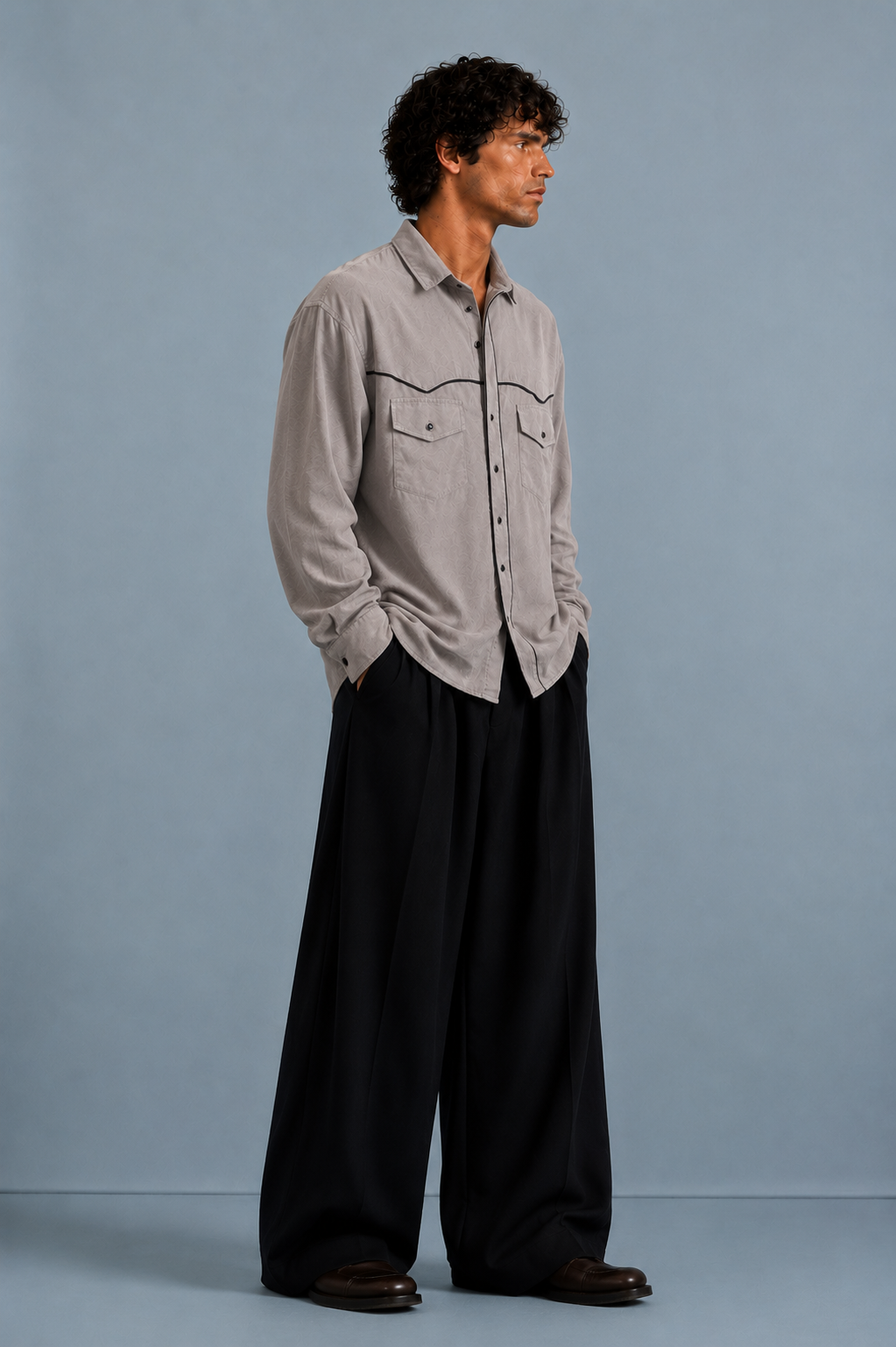 Men Suede Evening Shirt with Piping Detail- Light Grey