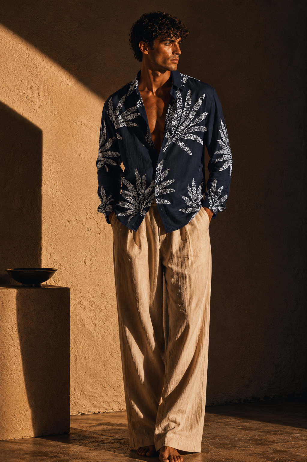 Men Printed Linen shirt-Navy Blue
