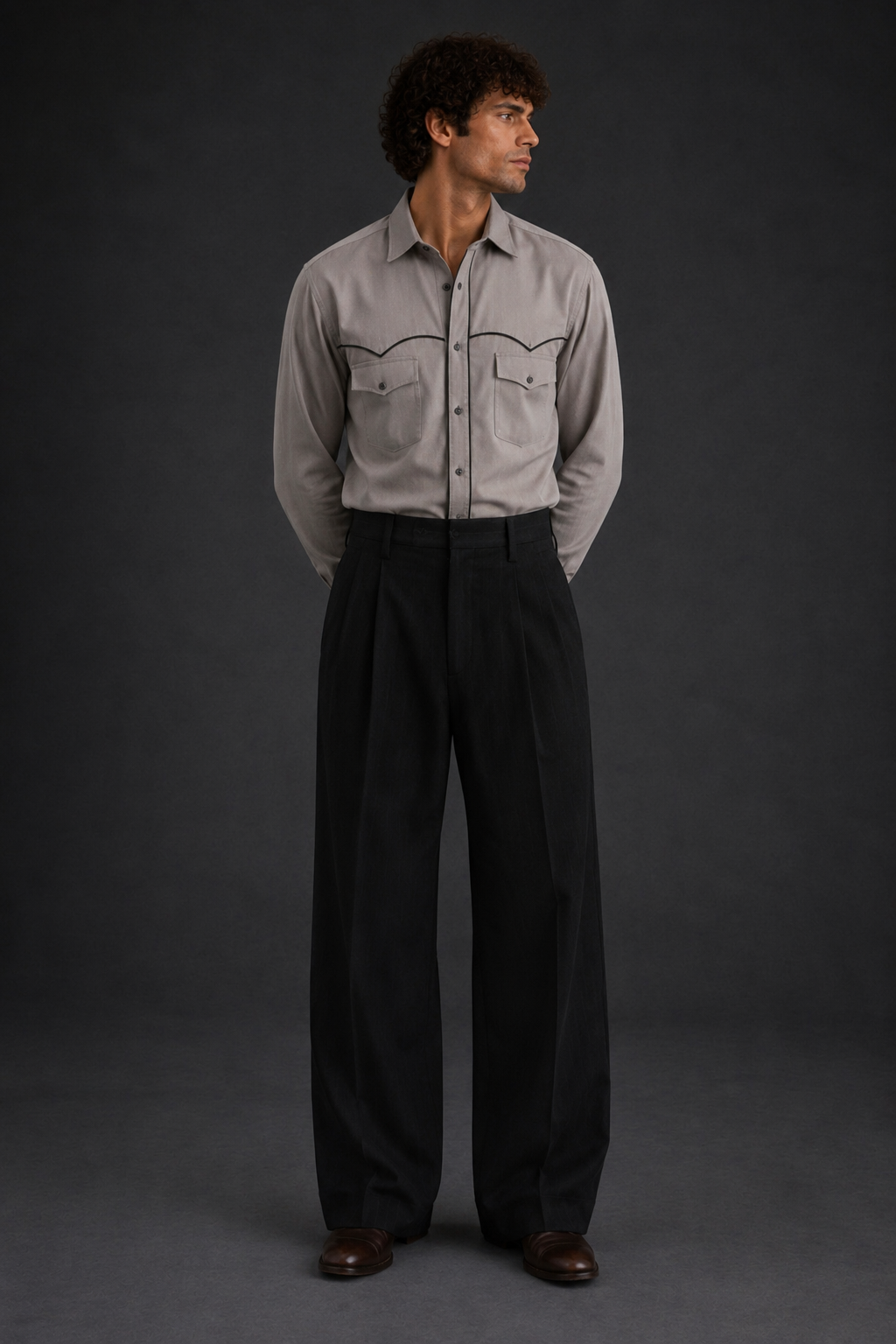 Men Suede Evening Shirt with Piping Detail- Light Grey