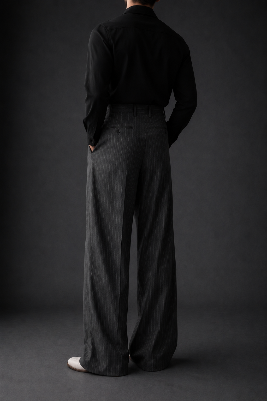 High-Waist Stripe Pleated Wide Leg Pants – Dark Grey