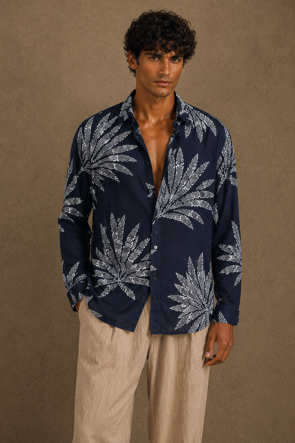Men Printed Linen shirt-Navy Blue