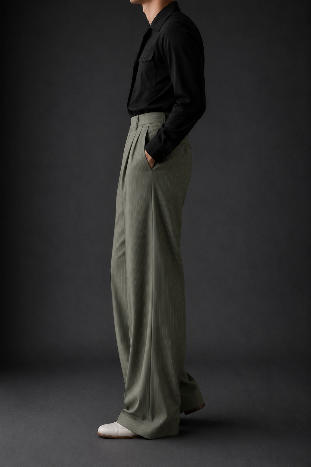 High-Waist Stripe Pleated Wide Leg Pants – Sage Green