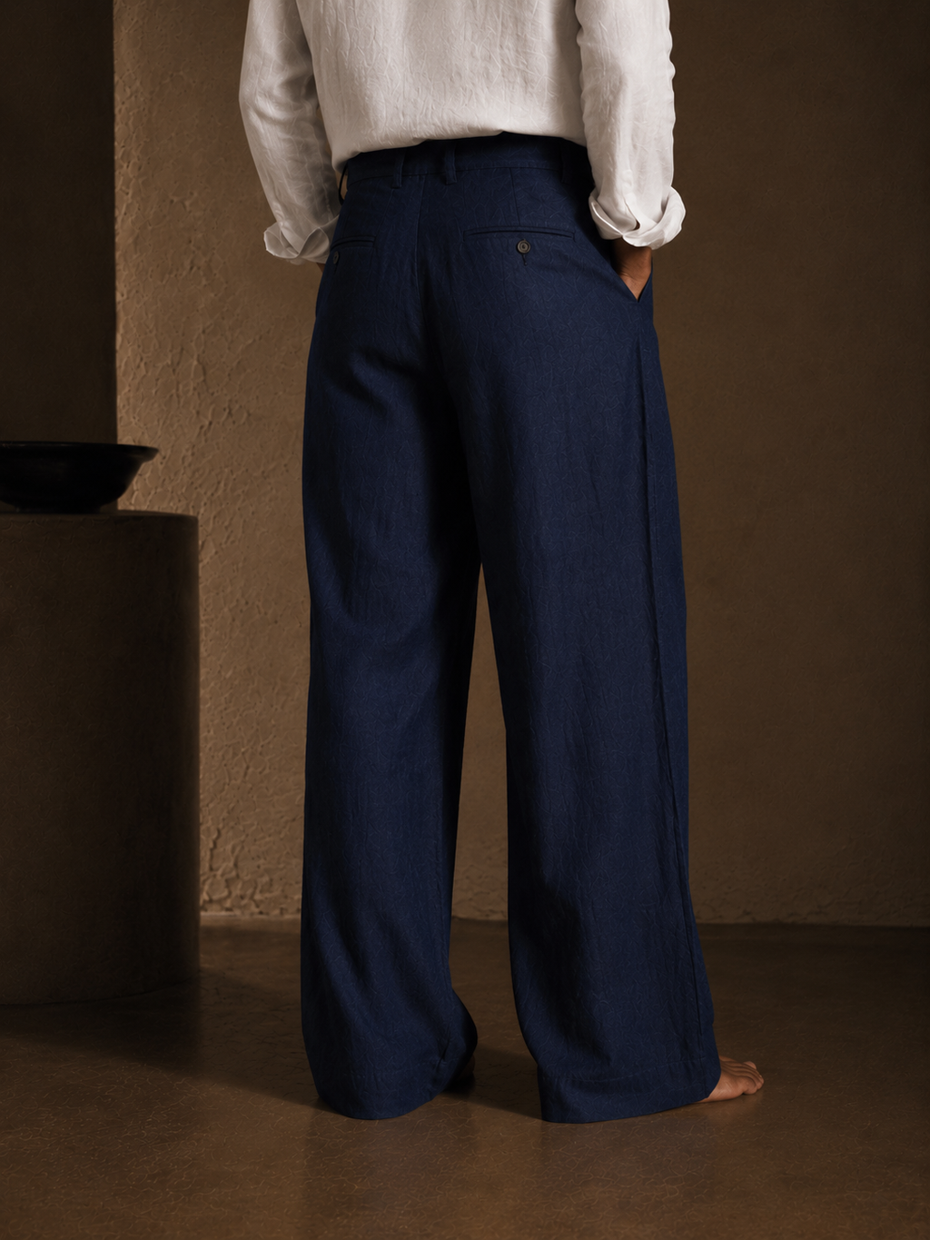 Men Linen Regular Pleated Trouser-Black