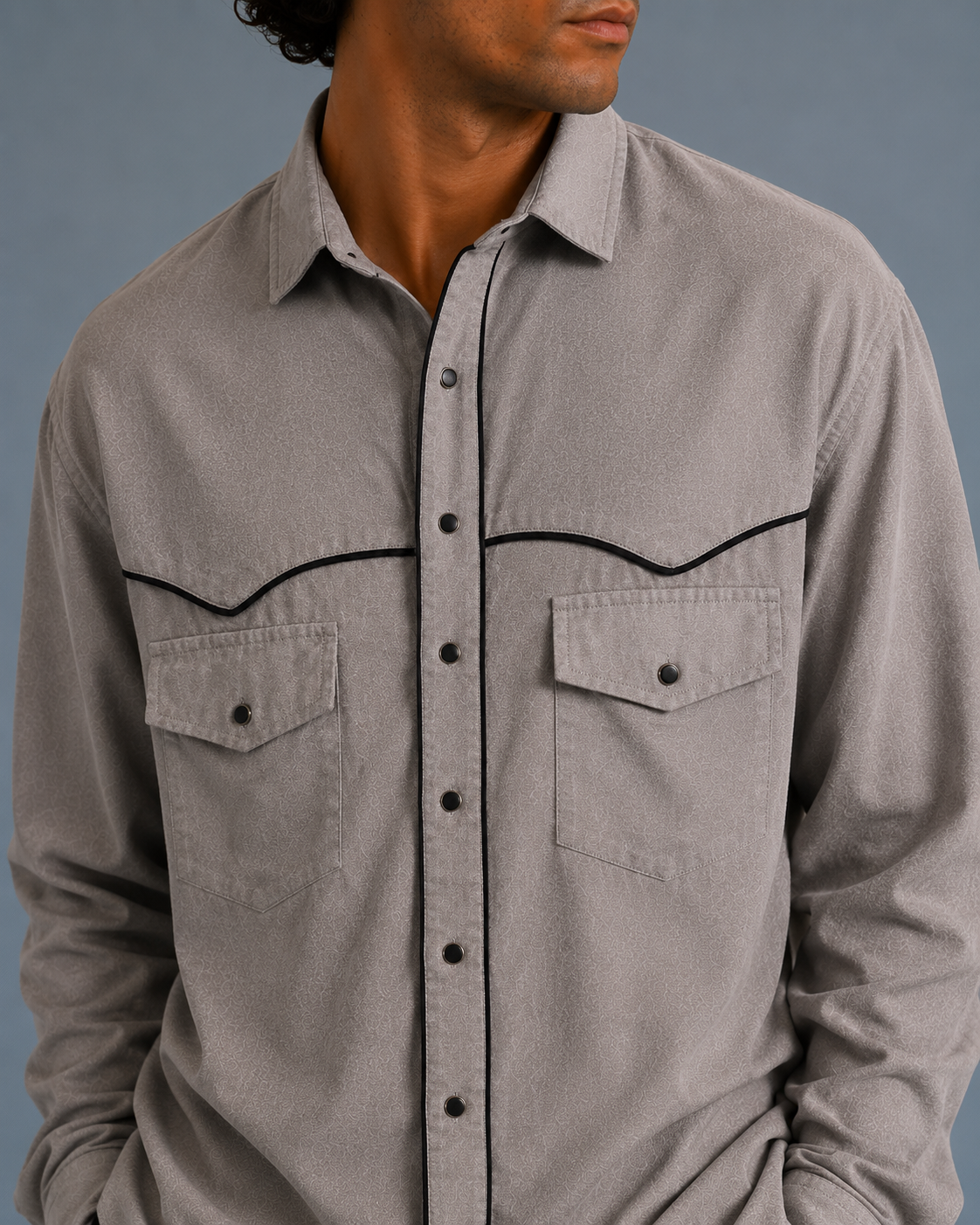 Men Suede Evening Shirt with Piping Detail- Light Grey