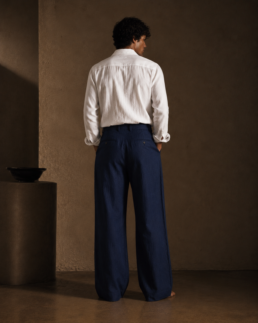 Men Linen Regular Pleated Trouser-Black