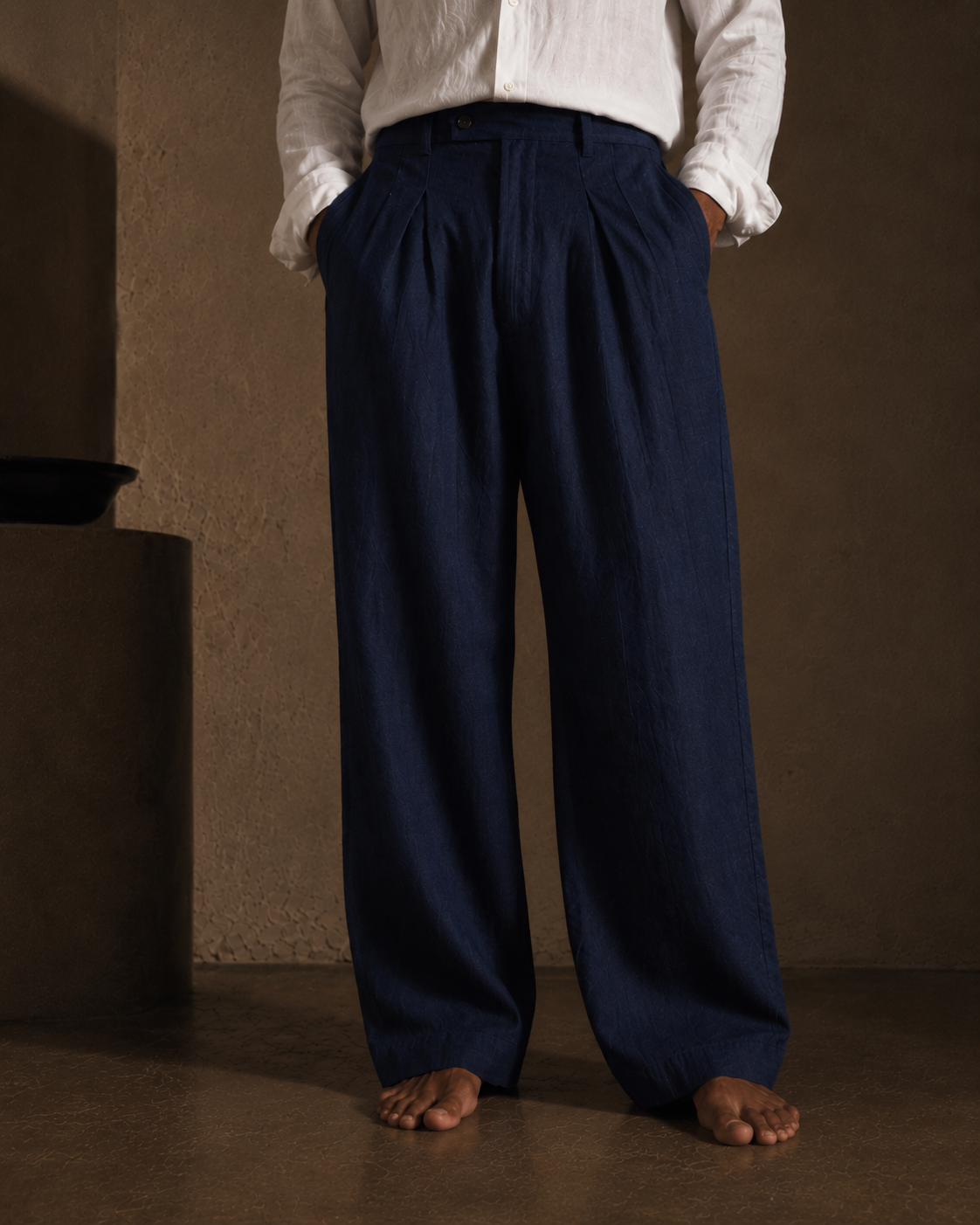Men Linen Regular Pleated Trouser-Black