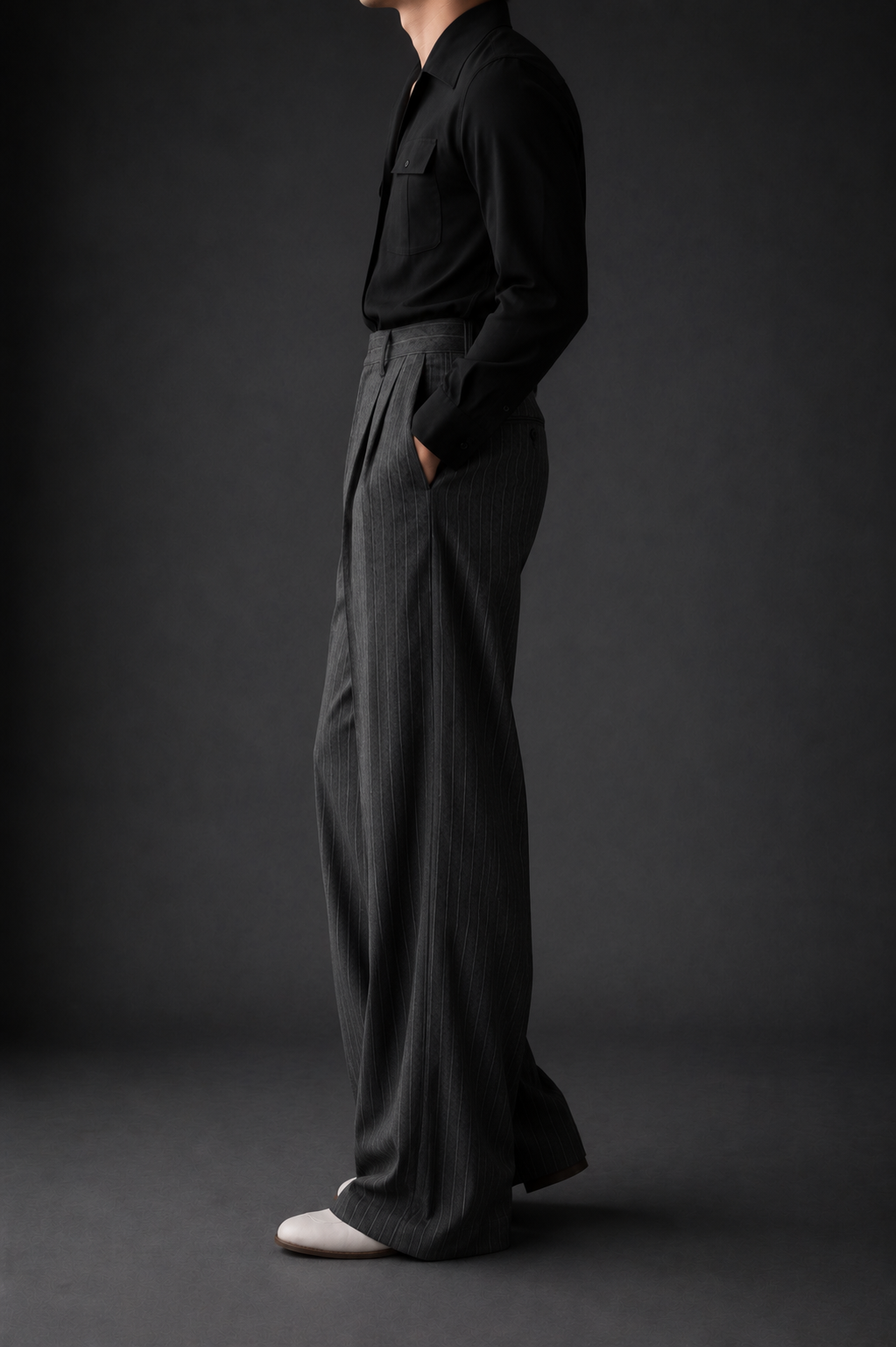 High-Waist Stripe Pleated Wide Leg Pants – Dark Grey